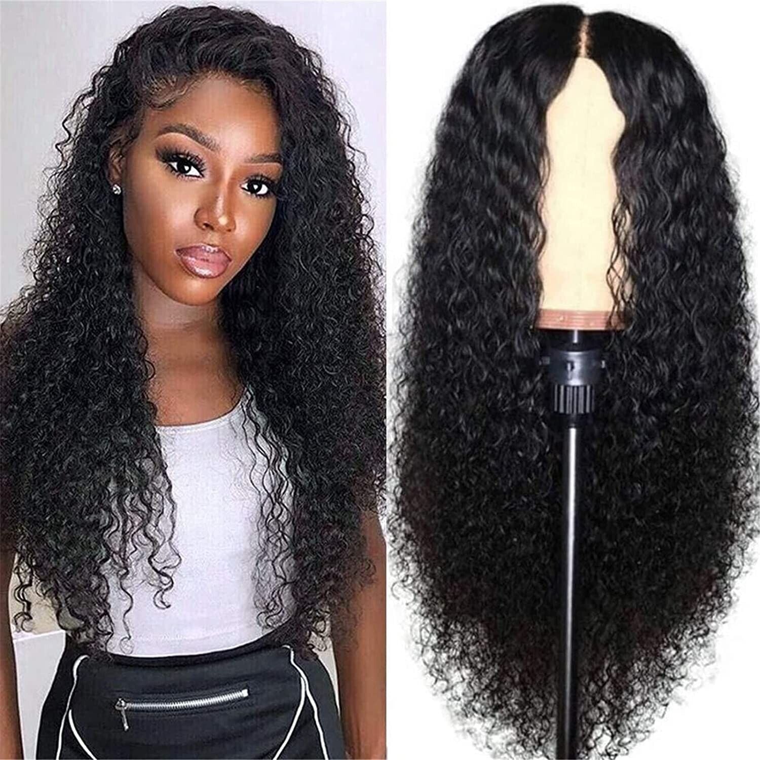 Long curly Brazilian human hair wig for women with lace front, featuring wavy, natural-looking hair by Puce Gaia.
