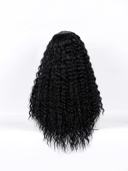 Long Brazilian human curly lace front wig for women, wavy hair by Puce Gaia, showcasing the textured, natural-looking hair detail.