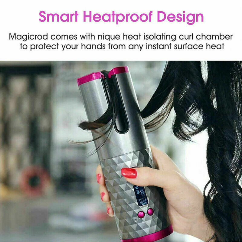 Puce Gaia cordless LCD auto-rotating ceramic hair curler and waver curling iron with digital display and ergonomic handle.