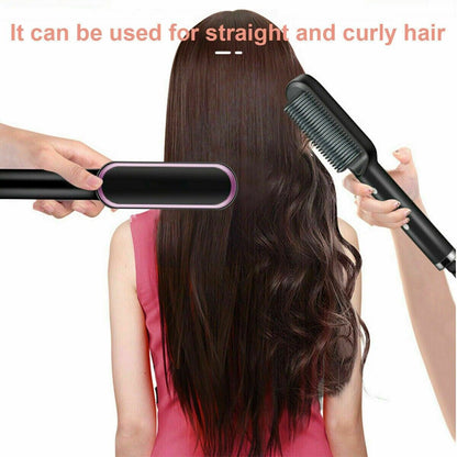 Puce Gaia hair straightener brush and hot comb electric styling tool with ceramic bristles for straightening and curling hair.