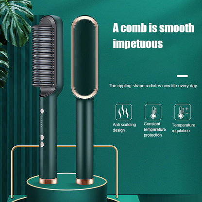 Puce Gaia electric hair straightener brush and hot comb for straightening and curling hair, with sleek black design and digital controls.