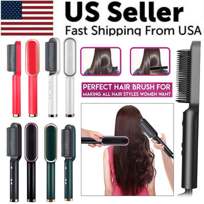 Puce Gaia electric hair straightener brush with heated comb for smoothing and styling hair, tech accessory for easy hair styling.