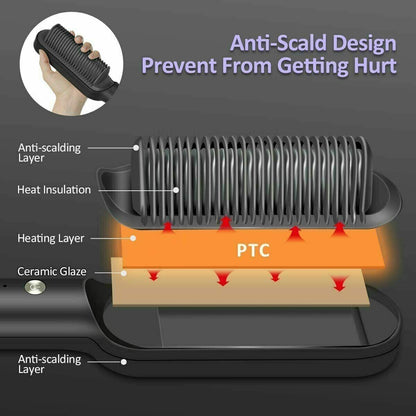 Puce Gaia electric hair straightener brush and hot comb for straightening and curling hair, featuring ceramic heated plates and ergonomic design.
