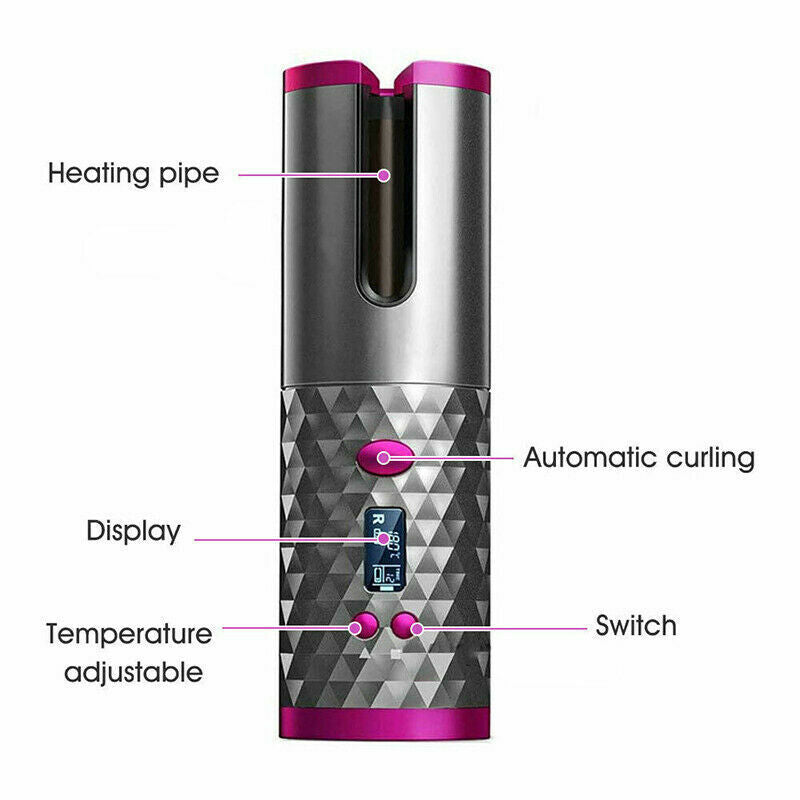 Puce Gaia cordless LCD curling iron with auto-rotating ceramic barrel for easy, smooth wave styling.