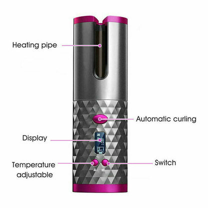 Puce Gaia cordless LCD curling iron with auto-rotating ceramic barrel for easy, smooth wave styling.