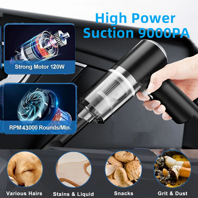 Puce Gaia 120W cordless handheld vacuum cleaner for cars, small portable mini design with a sleek black and silver finish.