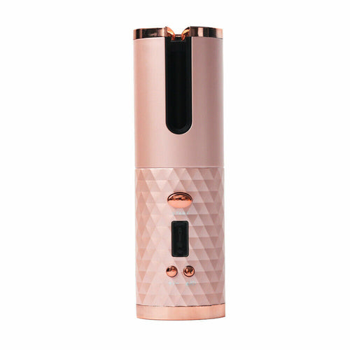 Puce Gaia cordless LCD auto-rotating ceramic hair curler with digital display and ergonomic handle for easy styling.