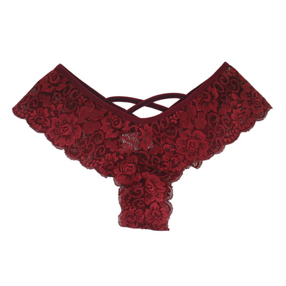 Puce Gaia 4-pack women’s sexy lace lingerie panties featuring G-string thongs in black and red, showcasing delicate lace details.