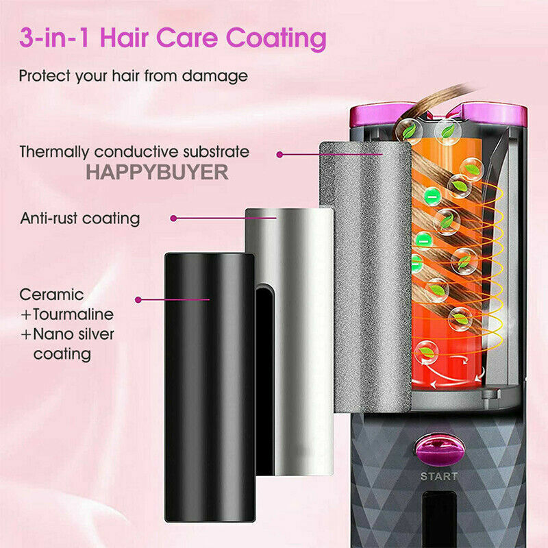 Puce Gaia cordless LCD hair curler with ceramic barrel, auto-rotating design, and digital display for easy styling.