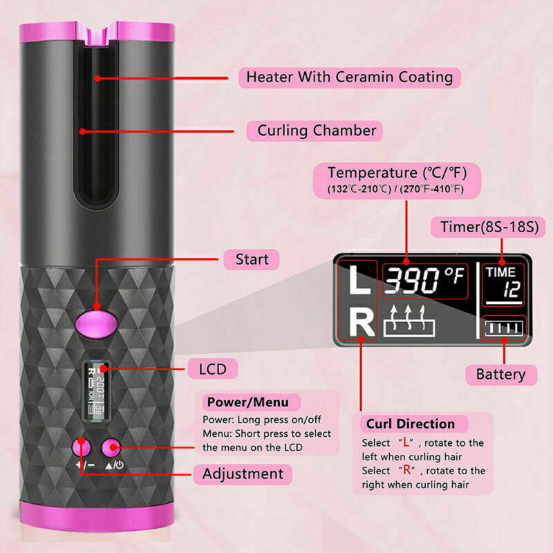 Puce Gaia cordless LCD auto-rotating ceramic hair curler and waver curling iron with digital display and ergonomic design.
