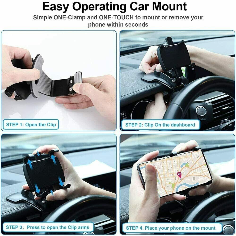 Puce Gaia universal car dashboard mount holder stand clamp cradle for cell phones, shown attached to vehicle dashboard.