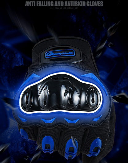 Puce Gaia racing motorcycle motocross dirt bike full finger riding gloves, close-up of black and red tech accessories.