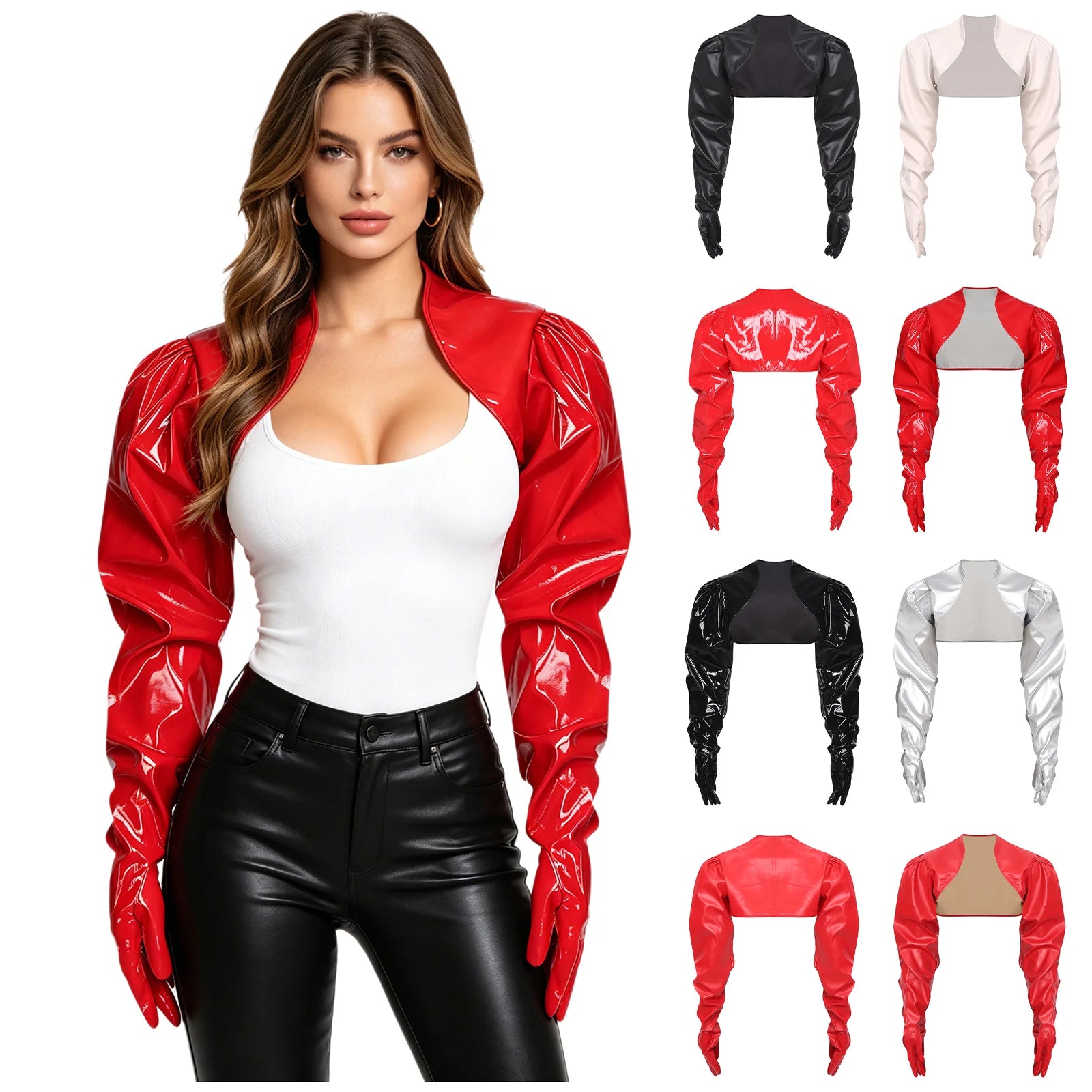 Start2Finish womens wet look PU leather crop cardigan with long sleeves, open front, and matching gloves for party or clubwear.
