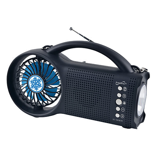 Black Lavender Supersonic Solar Power Bluetooth Speaker with FM radio and LED torch, showing the device with control buttons and solar panel