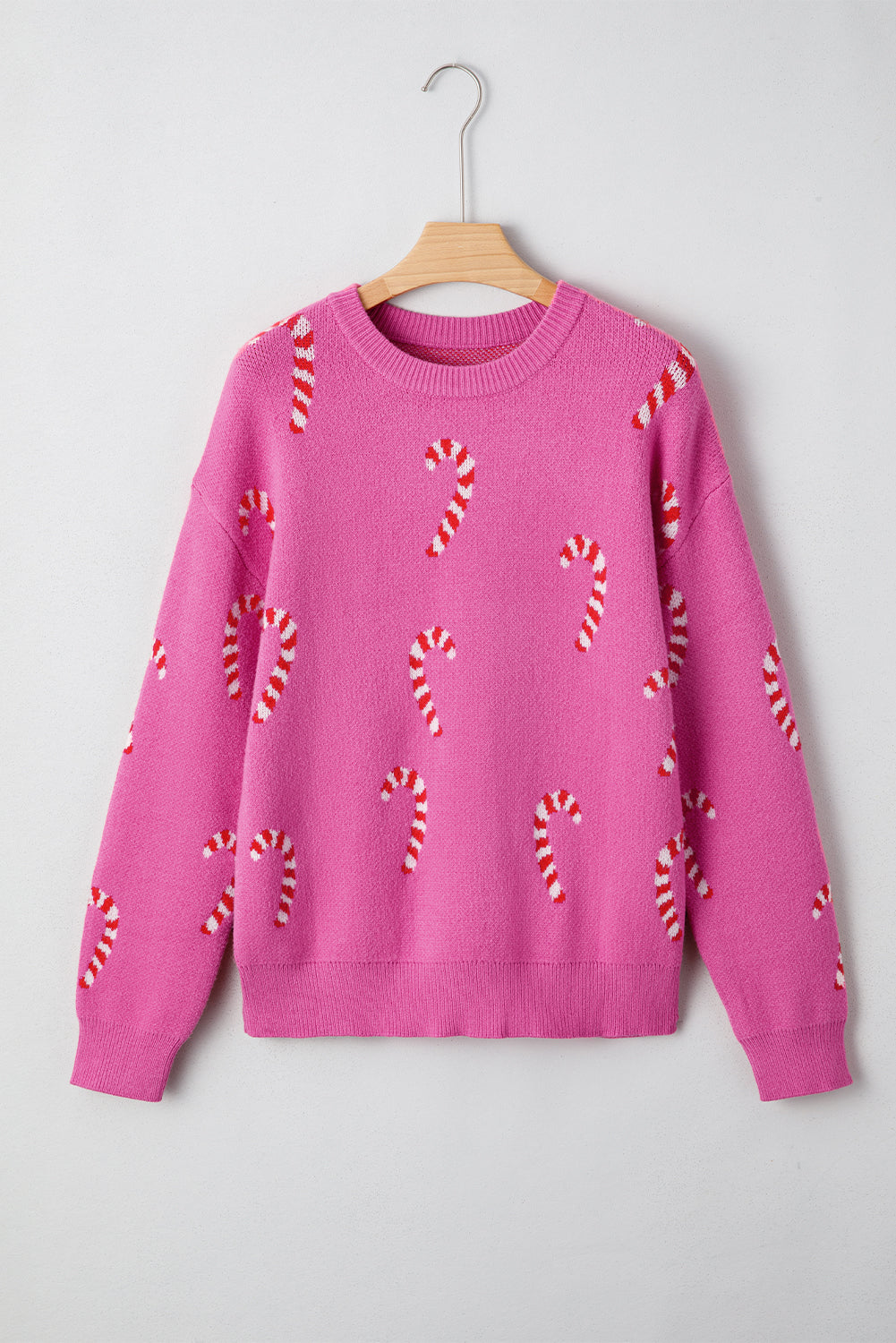 Byzantium Bay Christmas candy cane drop shoulder sweater with festive red and white striped design, cozy knit, and relaxed fit.