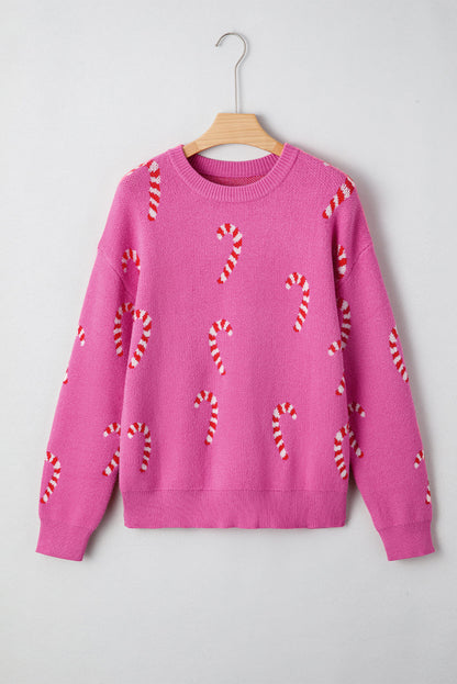 Byzantium Bay Christmas candy cane drop shoulder sweater with festive red and white striped design, cozy knit, and relaxed fit.