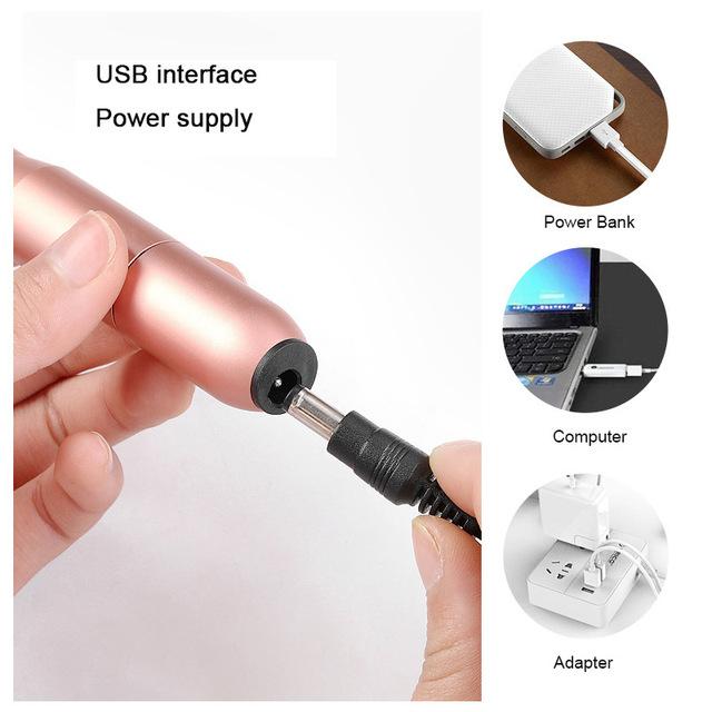 Pink Iolaus USB nail drill set with electric nail file, portable manicure kit, includes lightweight nail polisher and accessories.