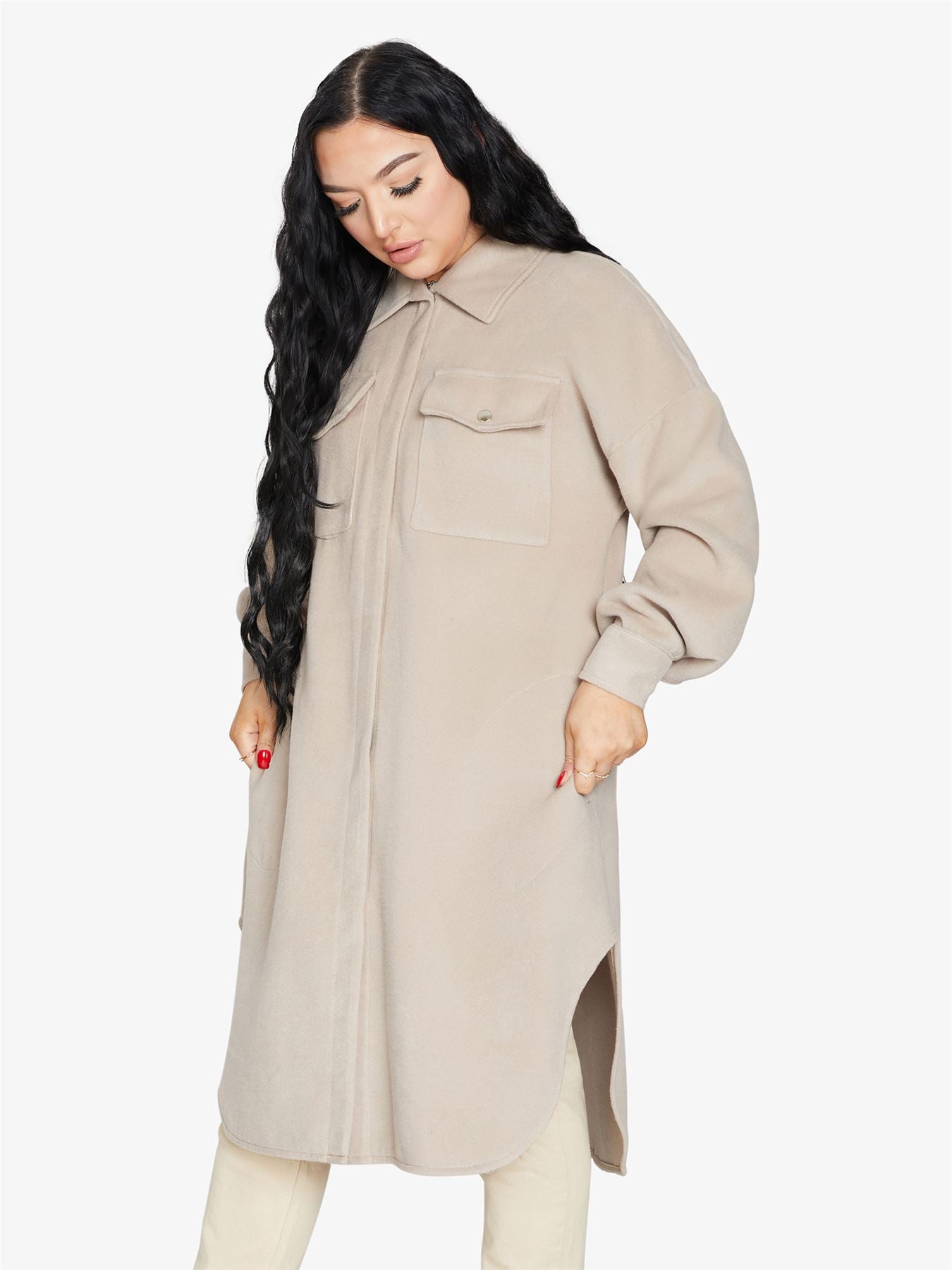 Rose Eleusis oversized longline shacket in neutral fabric, showing its relaxed fit and stylish design for jackets and coats.