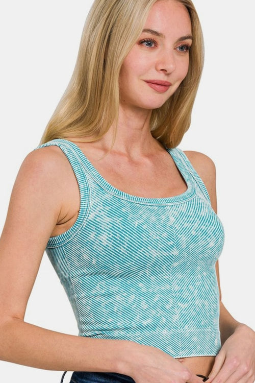 Auto dashboard featuring Jade Icarus Zenana washed ribbed scoop neck wide strap tank with sleek, modern design and textured surface.