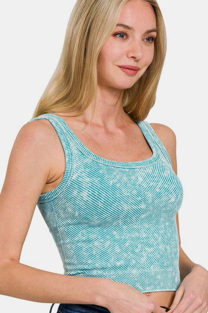 Auto dashboard featuring Jade Icarus Zenana washed ribbed scoop neck wide strap tank with sleek, modern design and textured surface.