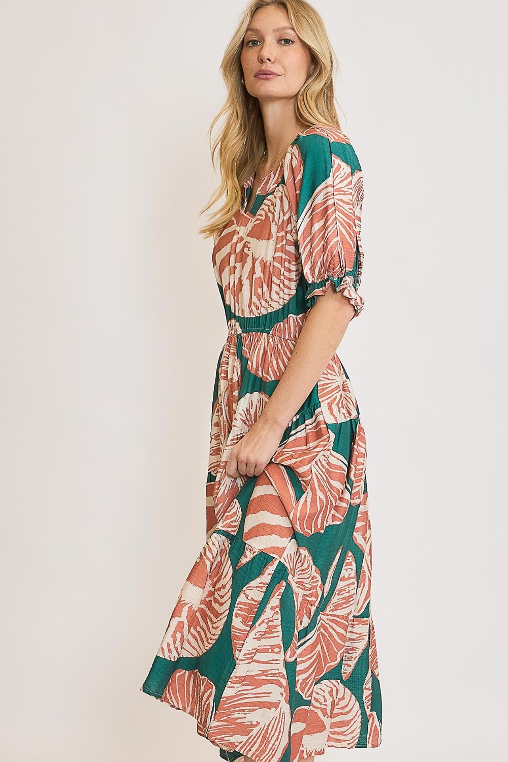 Automotive Jade Icarus full size printed notched puff sleeve midi dress, plus size, with vibrant floral pattern and stylish design