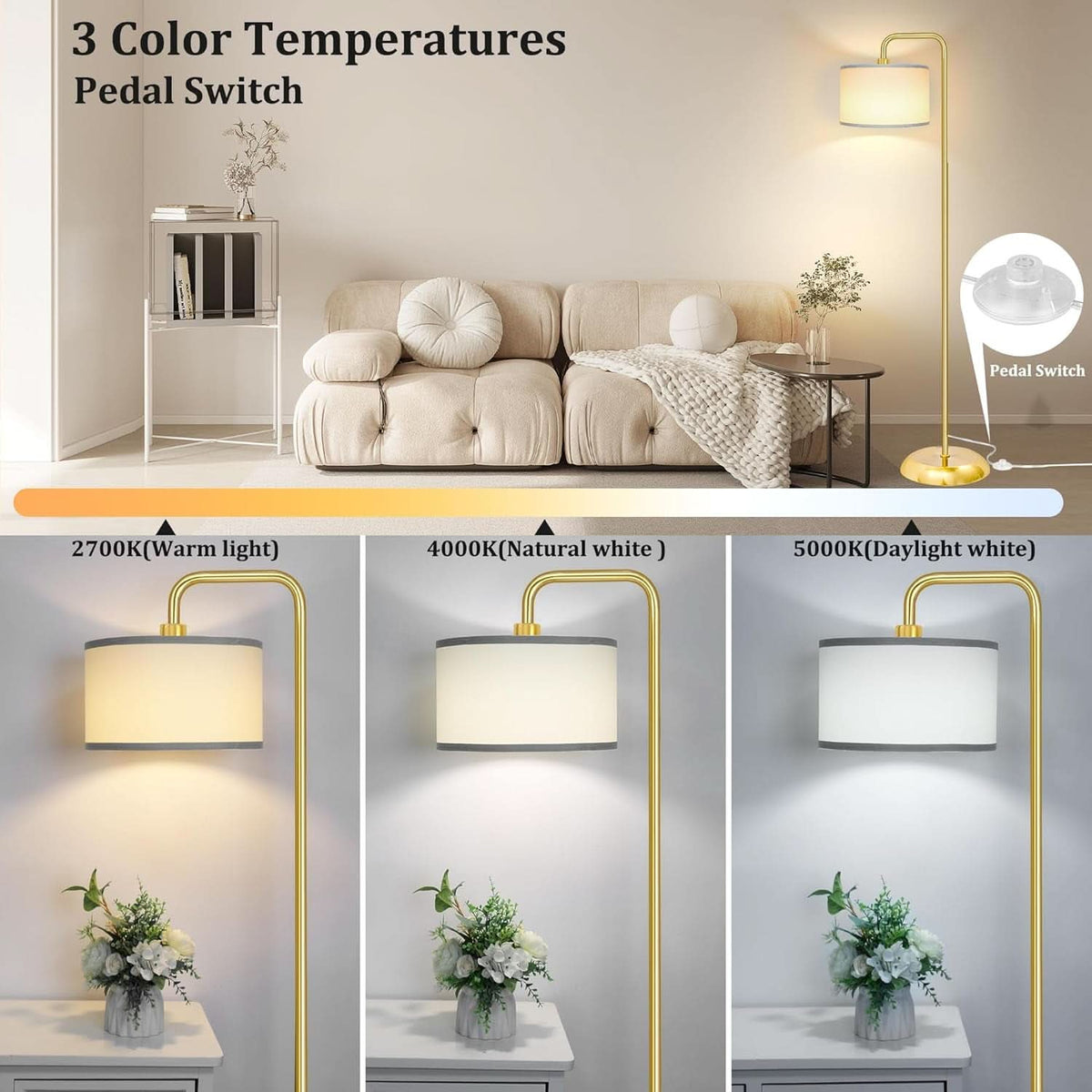 LED Floor Lamp With 3 Color Temperatures Gold Finish