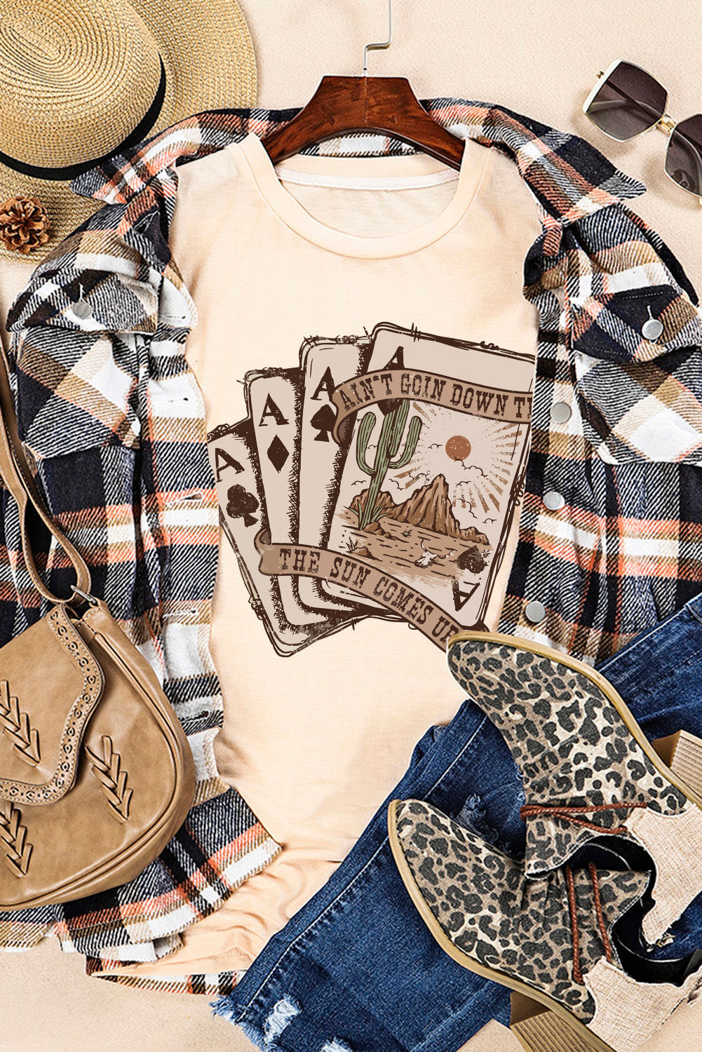 Carmine Juneberry khaki Western poker cards graphic T-shirt showing a stylish design on the front.