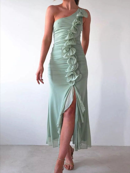 Jade Iapetus stylish one-shoulder ruffle slit dress, elegant evening dress with asymmetric ruffle design and high slit.