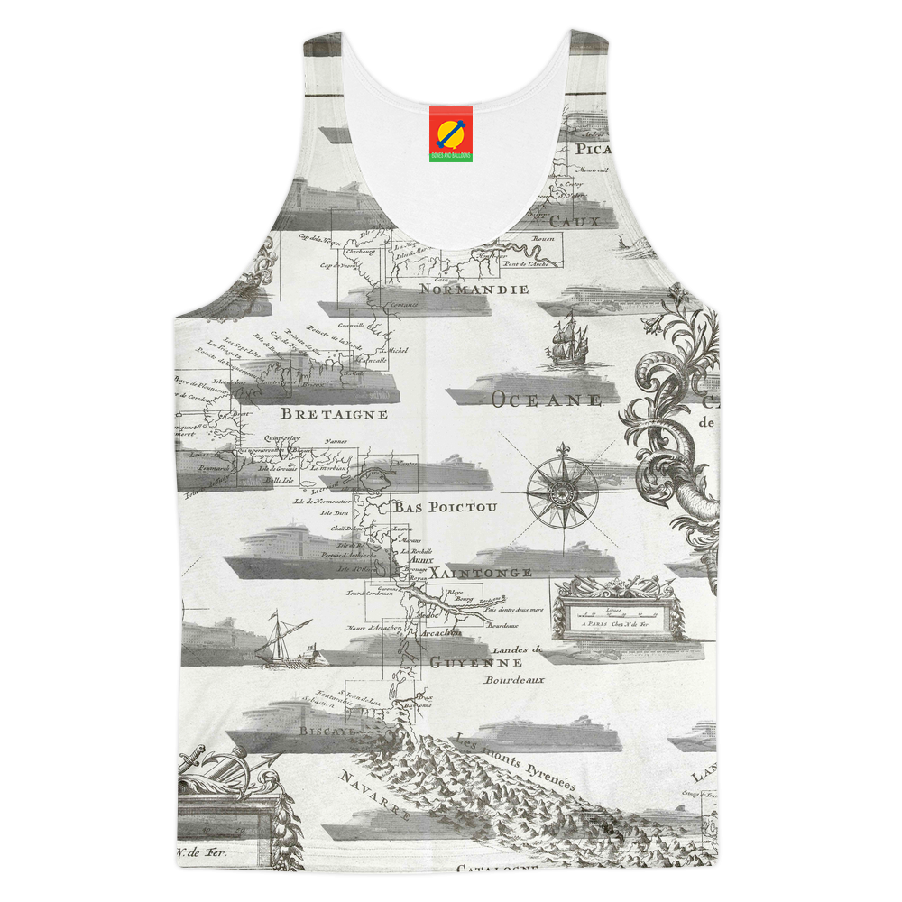 Apricot Astraeus cruise ship collage tank top with all-over print, featuring vibrant ship images on a women&