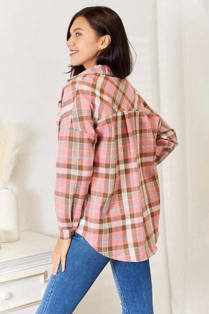 Pear Daisy Double Take plaid long sleeve button-up shirt with a collared neck, perfect for casual home and garden wear.
