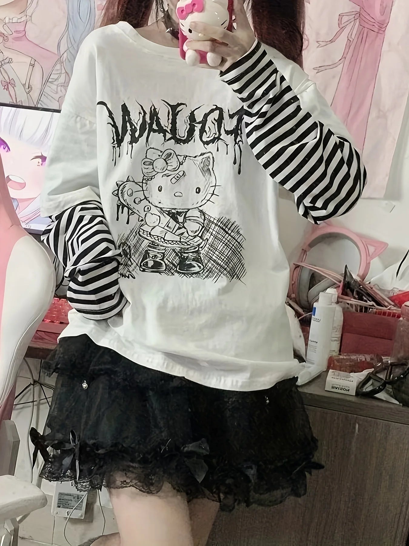Hello Kitty Japanese sweet cool long sleeve T-shirt for women, featuring a loose, false two-piece design by Start2Finish.