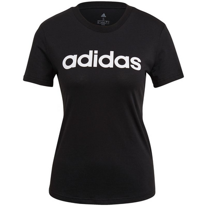 Black adidas Essentials Slim W GL0769 T-shirt displayed on a hanger, featuring a fitted style and crew neckline.