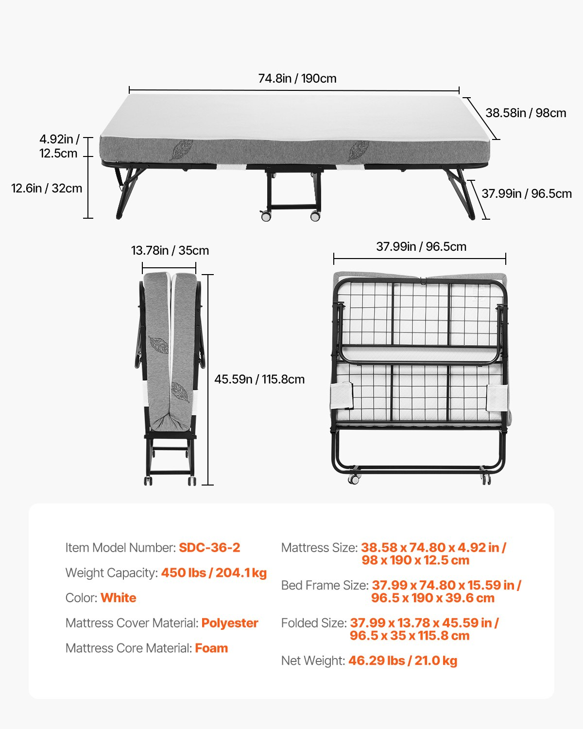 Start2Finish VEVOR rollaway bed with 38x75 inch foldable twin size metal frame and 5-inch memory foam mattress for adults or guests.