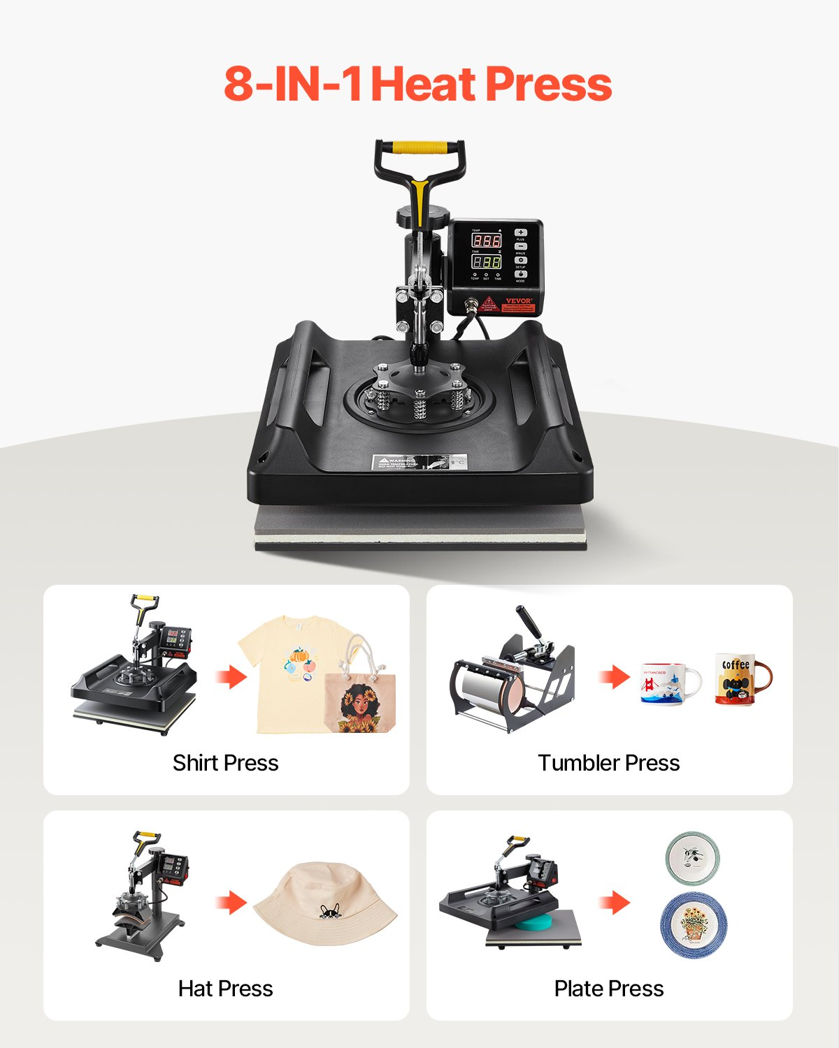 Start2Finish VEVOR 8-in-1 heat press machine with digital control, 15x15 inch swing-away T-shirt, mug, hat, and plate transfer.