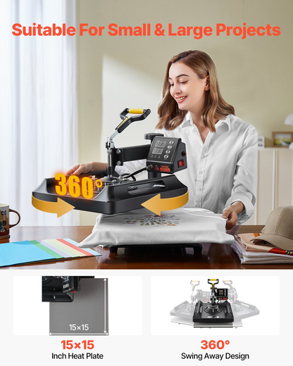 Start2Finish VEVOR 8-in-1 heat press machine with digital controls, 15x15 inch swing-away design for T-shirts, mugs, hats, and plates.