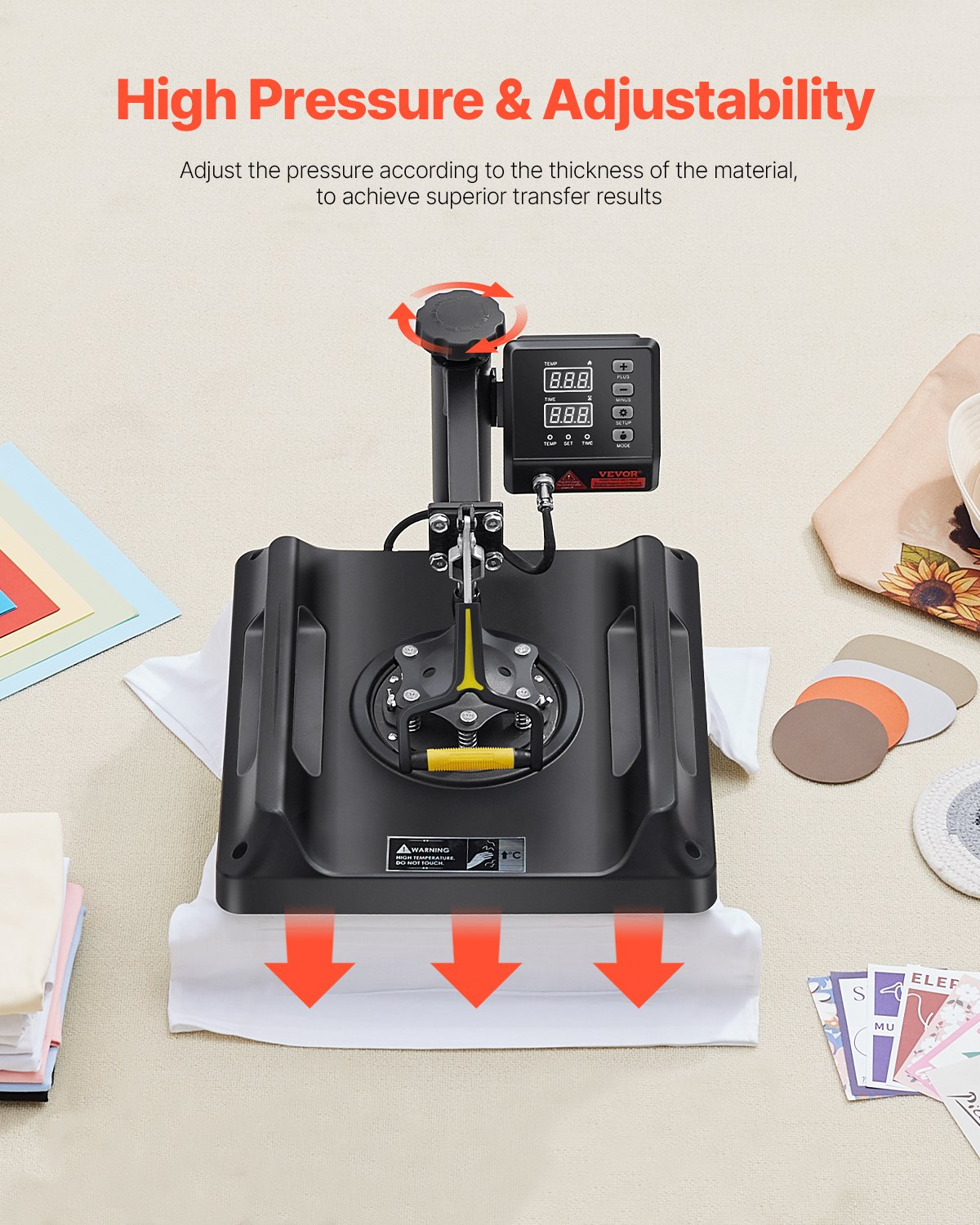 Start2Finish VEVOR 8-in-1 heat press machine with digital control, 15x15 inch swing-away T-shirt and transfer printing surface.