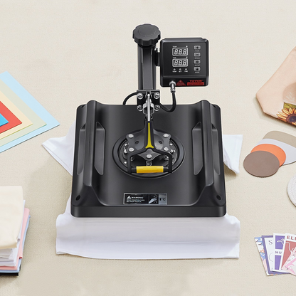 Start2Finish VEVOR 8-in-1 heat press machine with digital control, 15x15 inch swing-away design for T-shirts, hats, mugs, and plates.