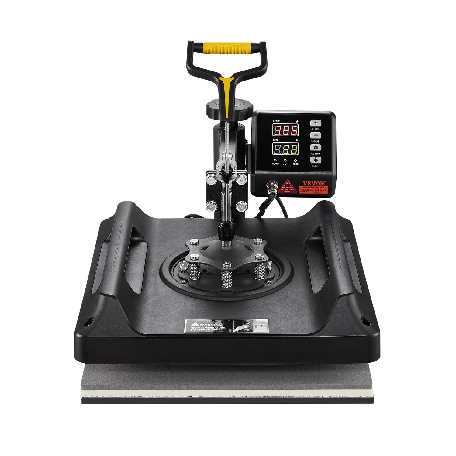 Start2Finish VEVOR 8-in-1 heat press machine with 15x15 inch swing-away design for T-shirts, mugs, hats, and more in black.