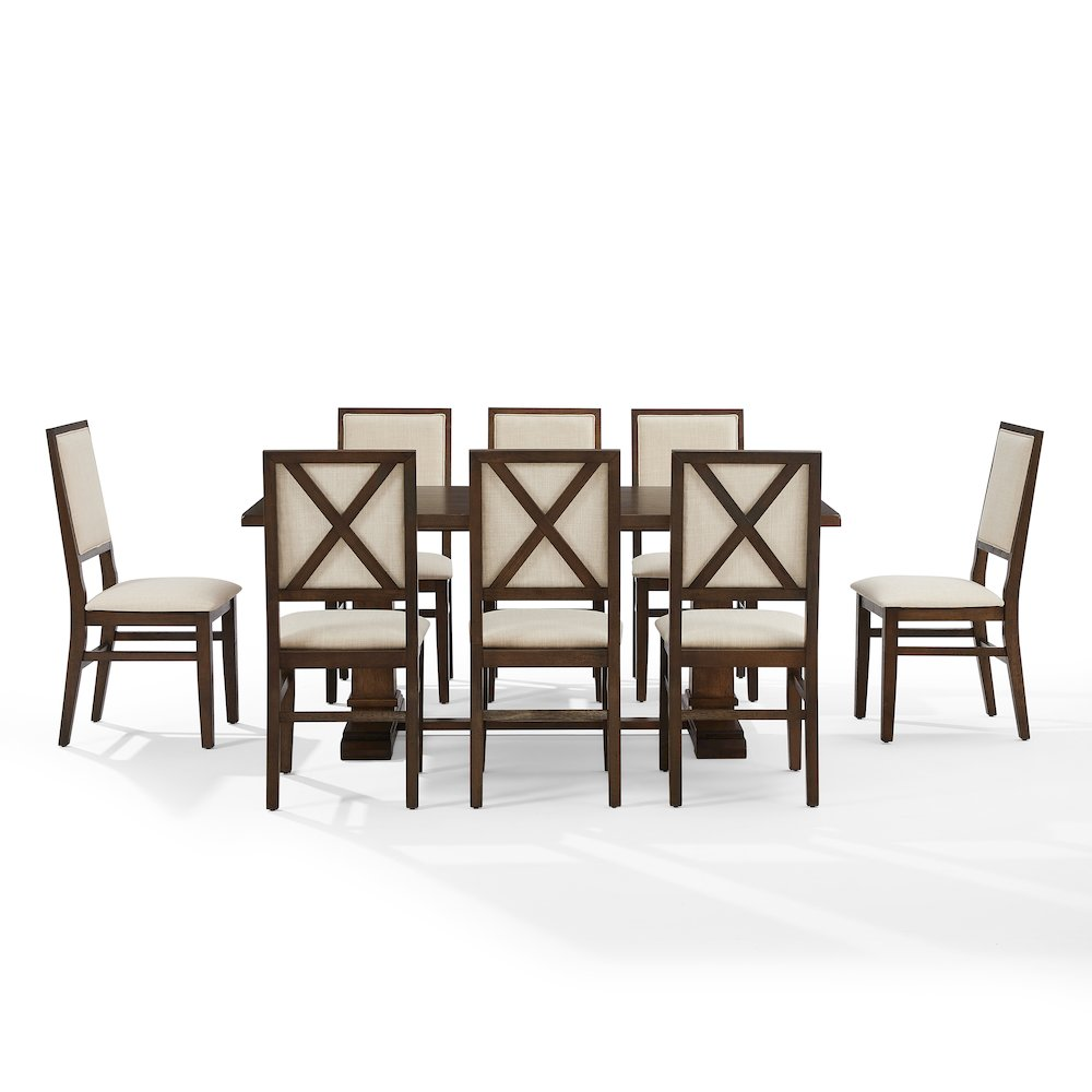 Joanna 9-piece dining table set with an oak finish including a large table and 8 upholstered back dining chairs by Start2Finish
