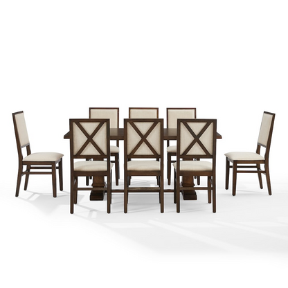 Joanna 9-piece dining table set with an oak finish including a large table and 8 upholstered back dining chairs by Start2Finish