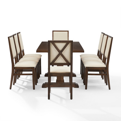 Joanna 9-piece dining table set by Start2Finish with a large table and eight upholstered back chairs, perfect for family dinners.