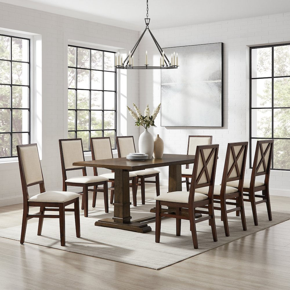 Joanna 9-piece dining table set by Start2Finish with a wooden table and eight upholstered back chairs, ideal for family dining.