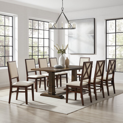 Joanna 9-piece dining table set by Start2Finish with a wooden table and eight upholstered back chairs, ideal for family dining.