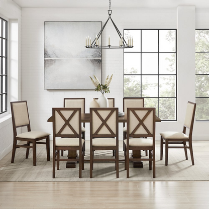 Joanna 9-piece dining table set by Start2Finish with a large wooden table and eight upholstered back chairs for dining room use.