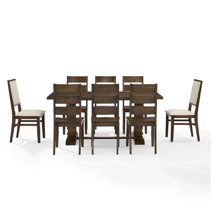 Start2Finish 9-piece dining table set with 8 chairs, including 6 ladder-back chairs and 2 backless chairs, in a modern dining room setting.