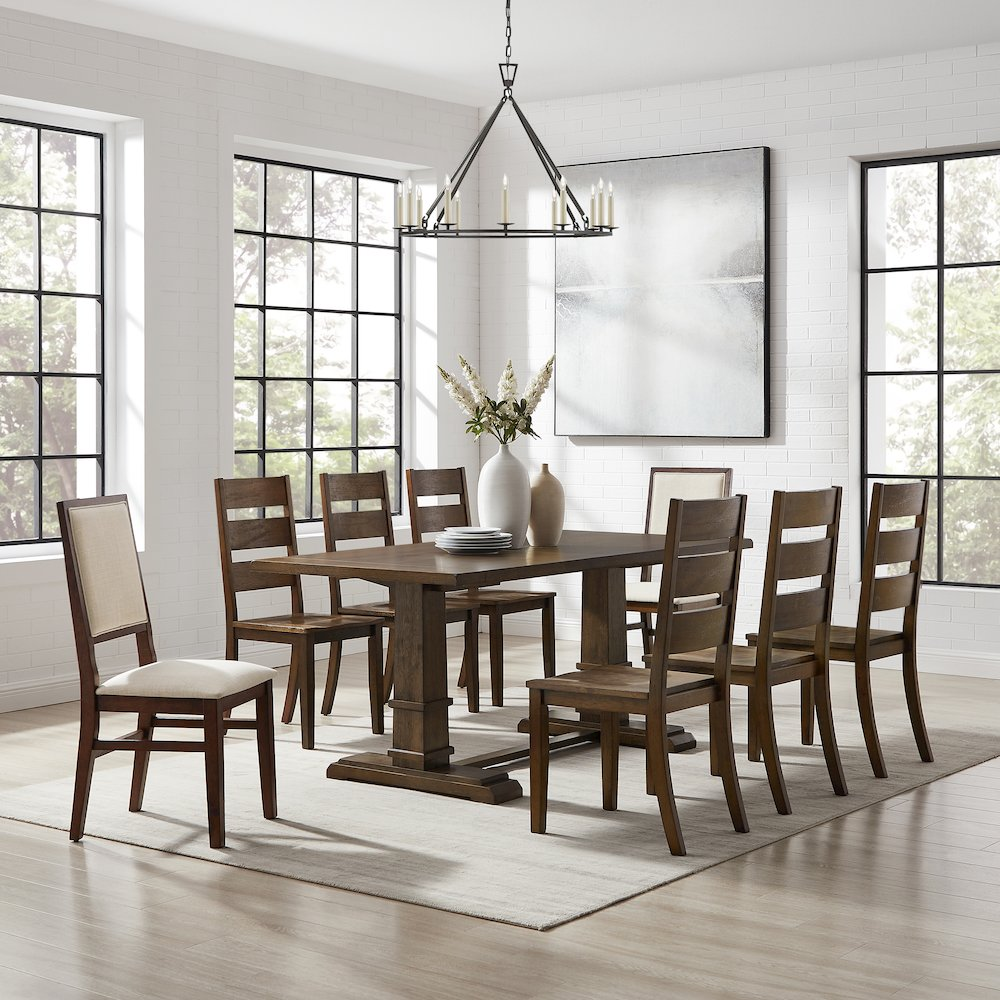 Start2Finish 9-piece dining table set with 6 ladder-back chairs and 2 back chairs, perfect for family meals and gatherings.