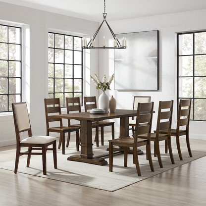 Start2Finish 9-piece dining table set with 6 ladder-back chairs and 2 back chairs, perfect for family meals and gatherings.