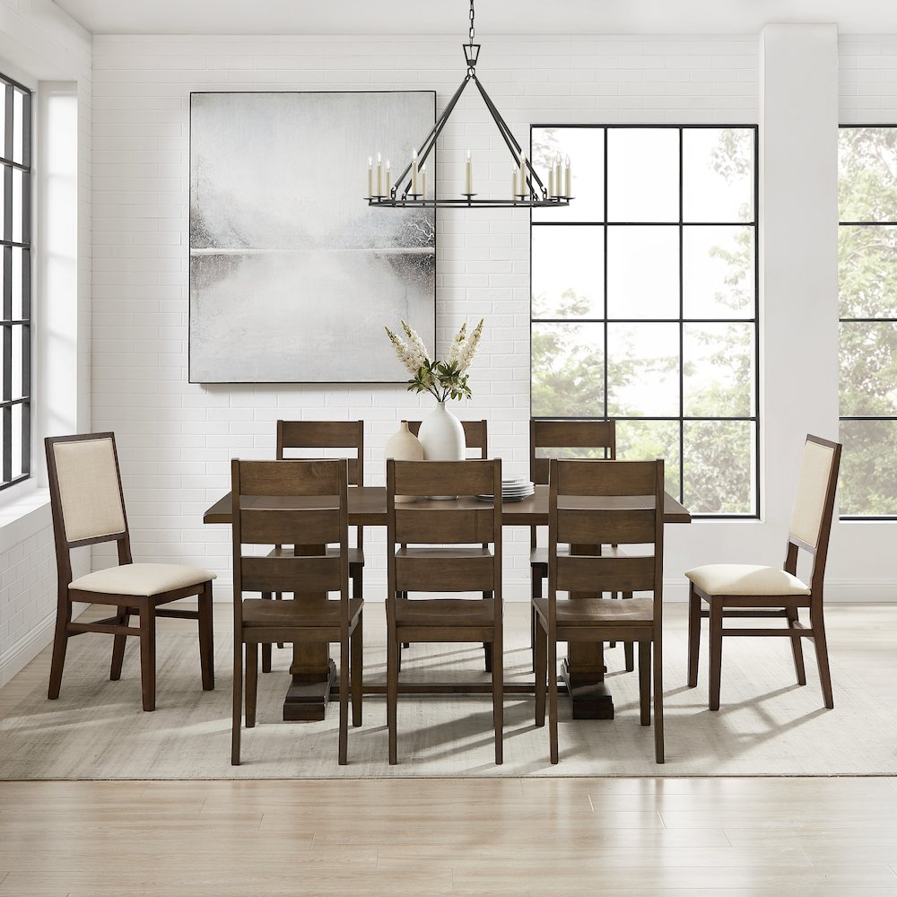 Start2Finish 9-piece dining table set with 8 chairs, including 6 ladder-back and 2 back chairs, in a modern dining room setting.
