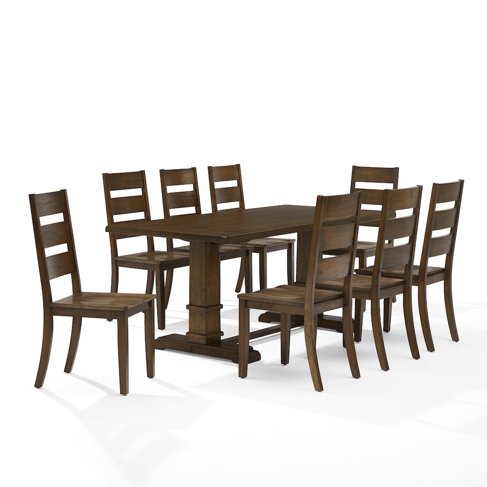 Joanna 9-piece dining table set by Start2Finish with a wooden table and eight ladder-back chairs for family gatherings.