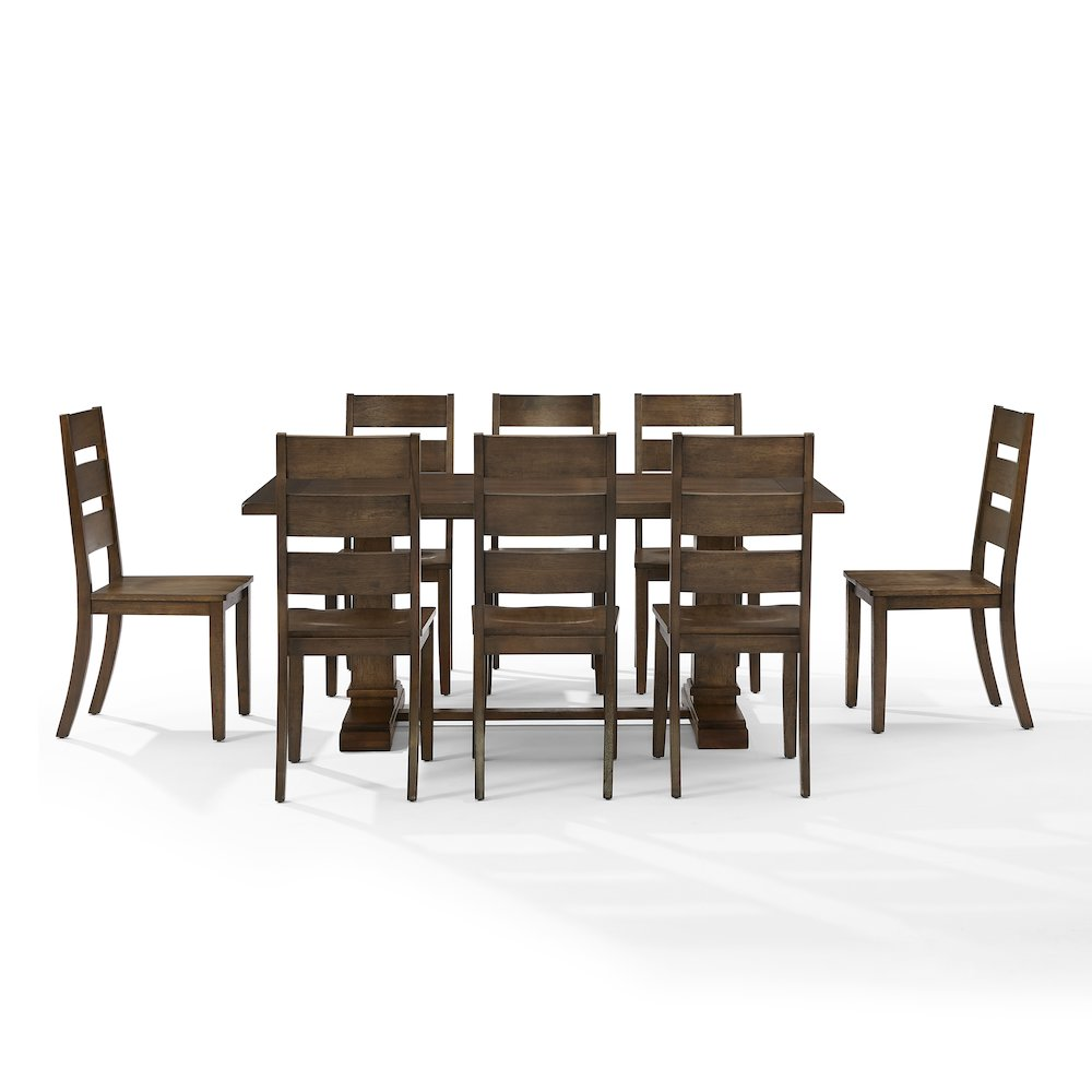 Joanna 9-piece dining table set by Start2Finish with a large table and 8 ladder-back chairs, ideal for family meals and gatherings.